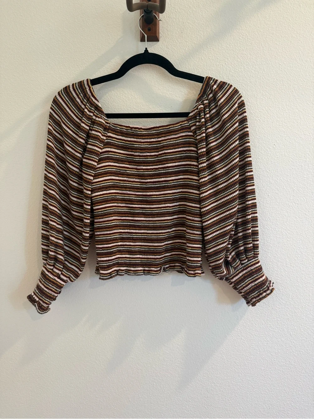Striped Square-Neck Puff Sleeve Top - Brown